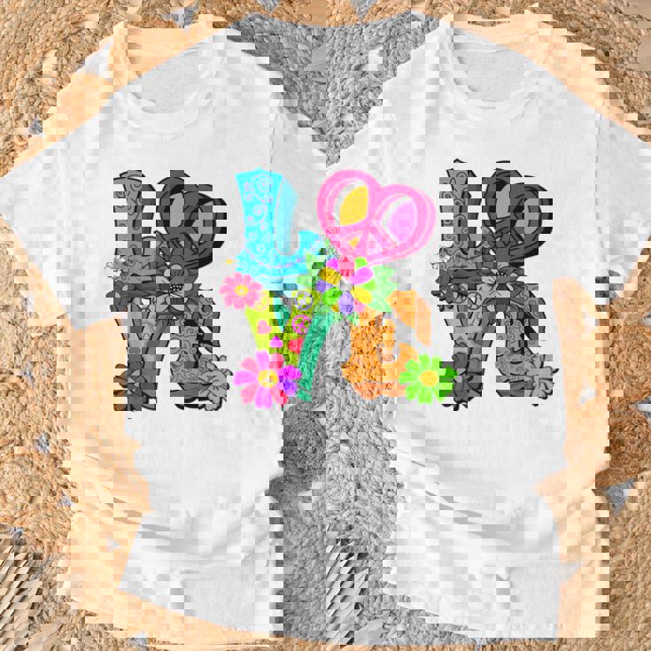 明るくカラフルな愛と平和 ピースサイン フラワートップ Tシャツ 高齢者への贈り物