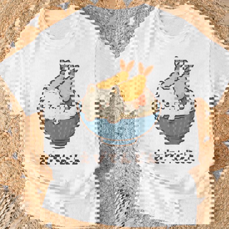 海老天丼 天丼 えび ご飯 ねこ 白猫 天丼好き 猫好き おもしろ かわいい猫 イラスト 猫キャラ 癒し 系 Tシャツ 高齢者への贈り物