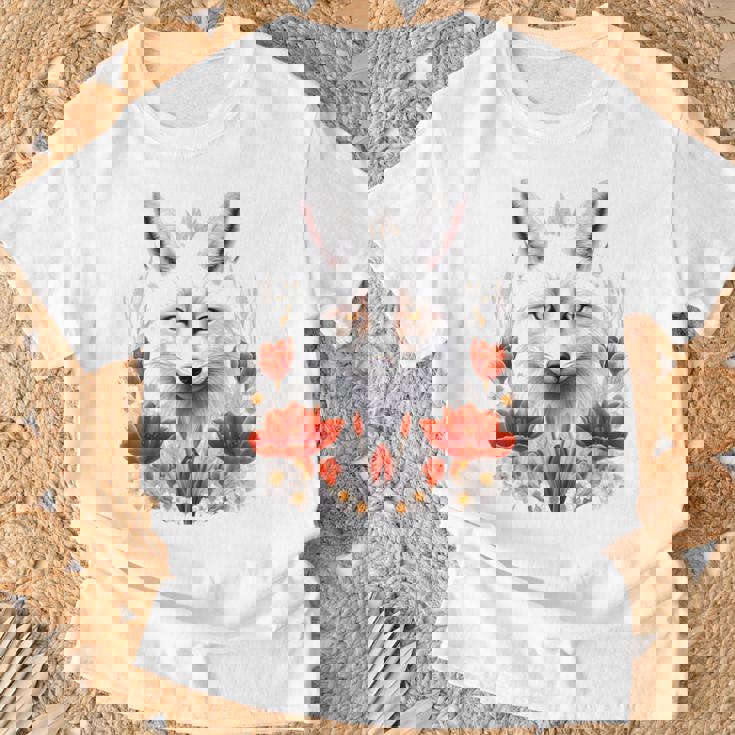 狐 アニマル柄 モチーフ 図面 イラスト 自然 狐 Tシャツ 高齢者への贈り物