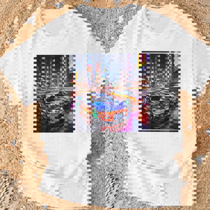 背面にjdmドリフトレーシングカー東京ドリフトスカイライン2台。 Tシャツ 高齢者への贈り物