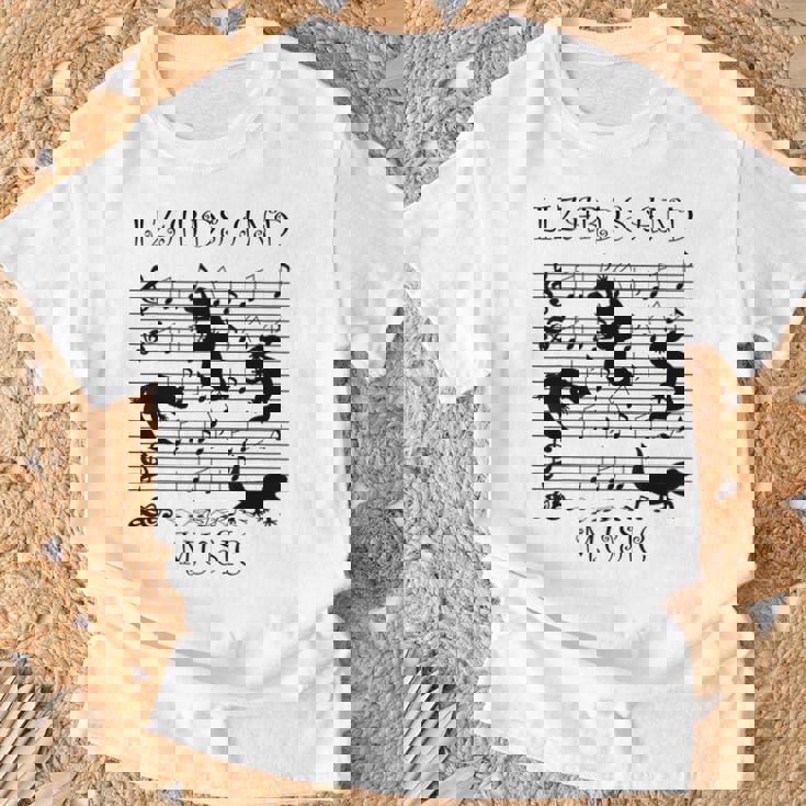 音楽とトカゲ ヤモリ ミュージシャン 爬虫類 Tシャツ 高齢者への贈り物