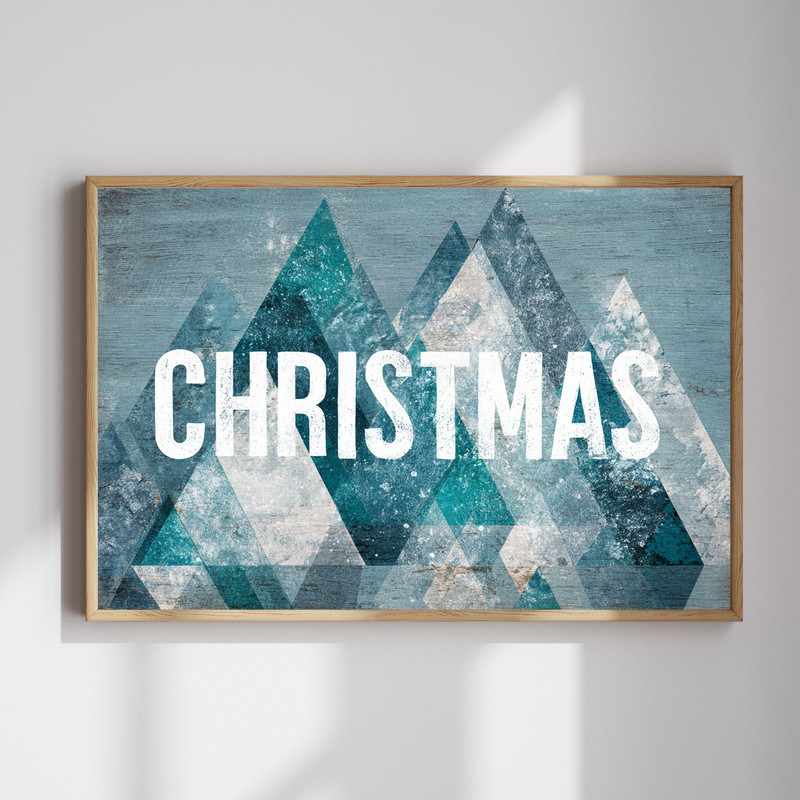 Abstract snowy Christmas canvas wall art with soft blue palette and drifting snowflakes, landscape orientation for modern dorm decor | Family Wall Decor