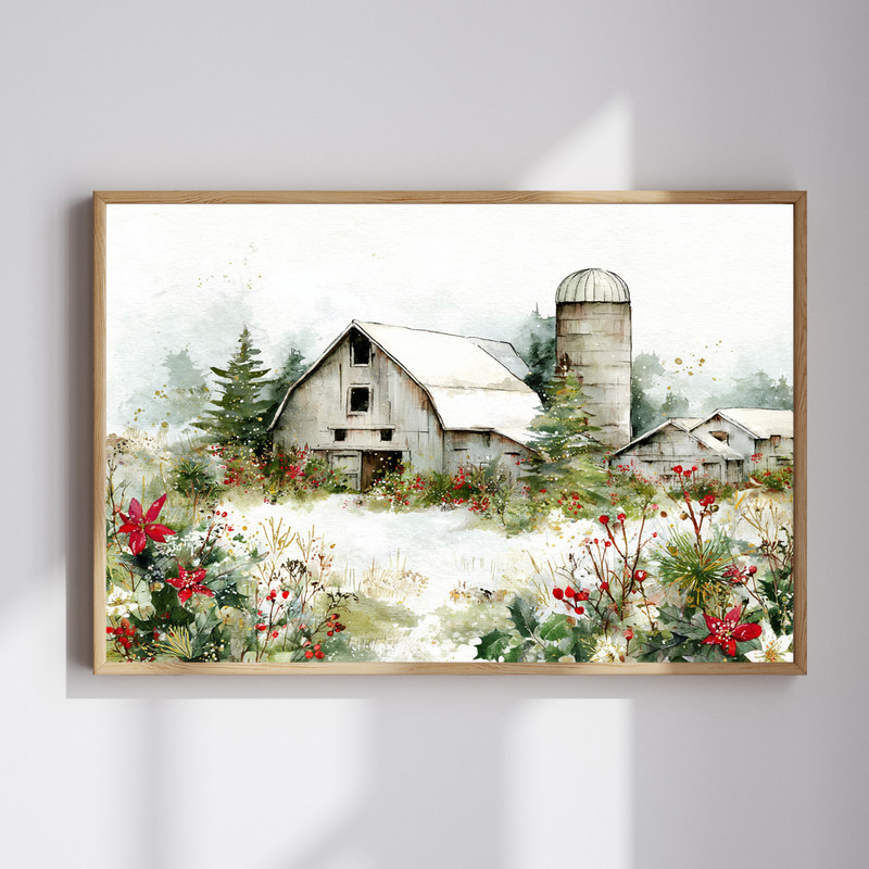 Christmas homestead canvas wall art in festive watercolor, snowy farmhouse and pines, cozy winter scene for dorm room decor | Family Wall Decor