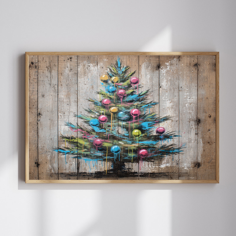 Christmas tree graffiti canvas wall art in neon green on black, portrait orientation for bold dorm holiday decor. | Family Wall Decor