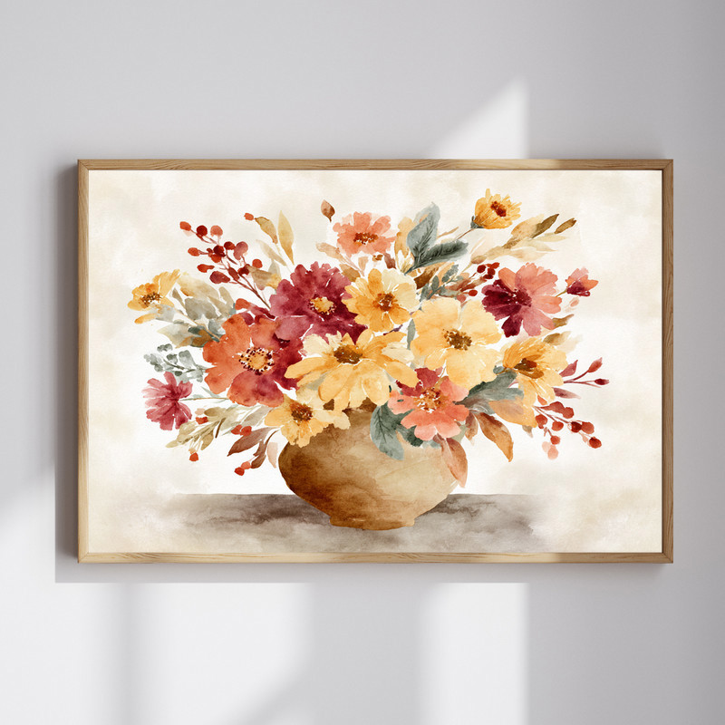 Cozy fall florals canvas wall art, watercolor botanical print for dorm room decor in warm rust and mustard tones