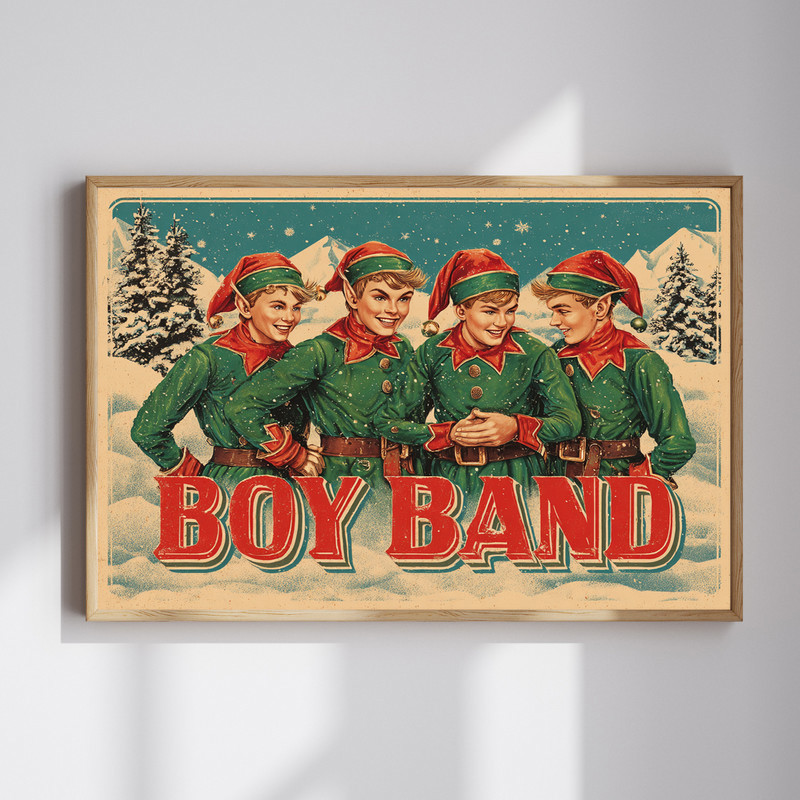 Elf boyband Christmas canvas wall art with retro rustic vibe, playful holiday dorm decor in vintage tones for cozy seasonal cheer | Familywalldecor