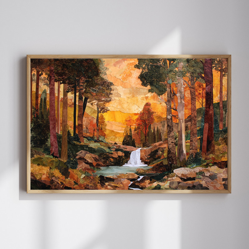 Cozy autumn falling leaves waterfall canvas wall art in warm amber tones for inviting dorm room decor and small spaces | Family Wall Decor