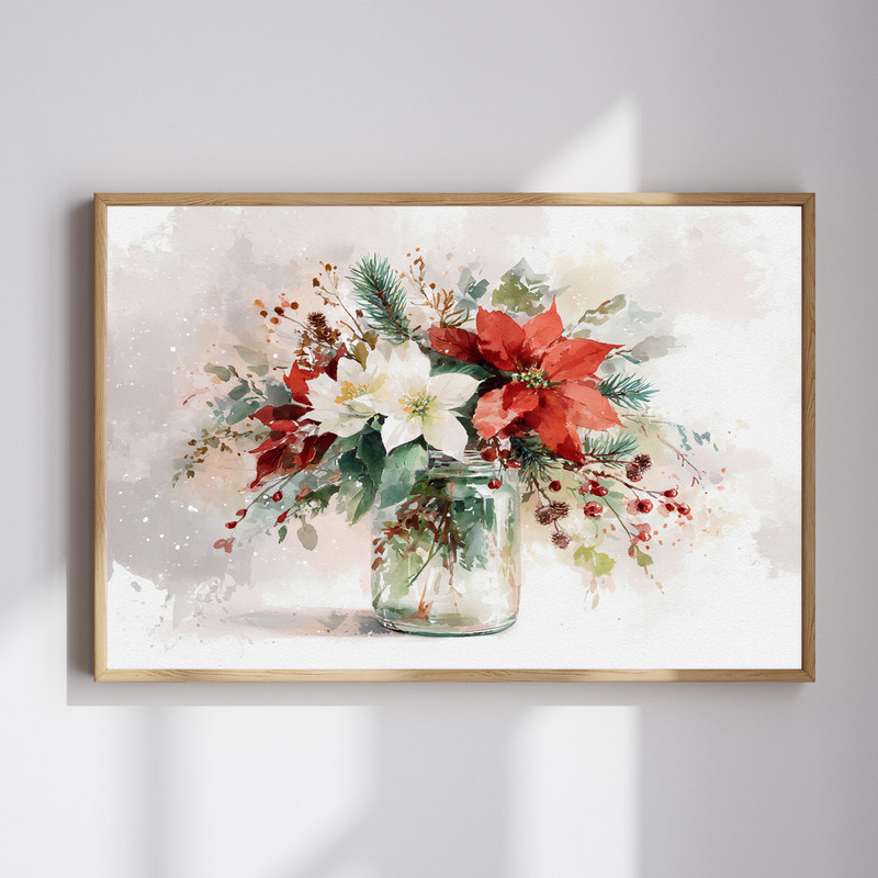 Minimal Christmas botanical canvas wall art with a festive vase of pine and red berries, portrait for dorm room decor | Family Wall Decor