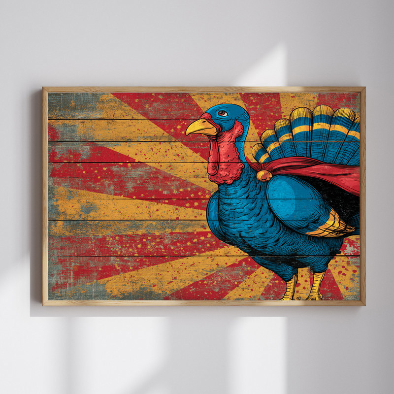 Superhero turkey canvas wall art in rustic comic style, masked bird with cape and halftone dots on weathered backdrop | Familywalldecor