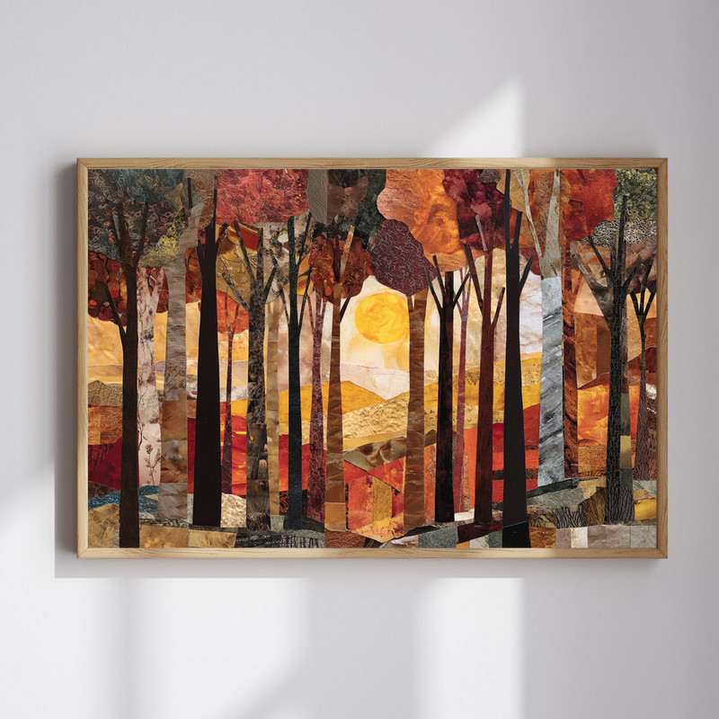 Golden harvest woods canvas wall art with amber forest leaves and sunlit trees, landscape canvas for cozy dorm room decor