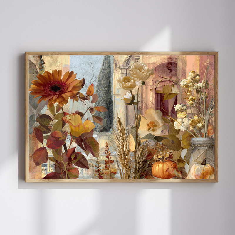 Grateful Garden canvas wall art with mixed-media autumn florals and foliage in warm tones, ideal for dorm room decor | Family Wall Decor