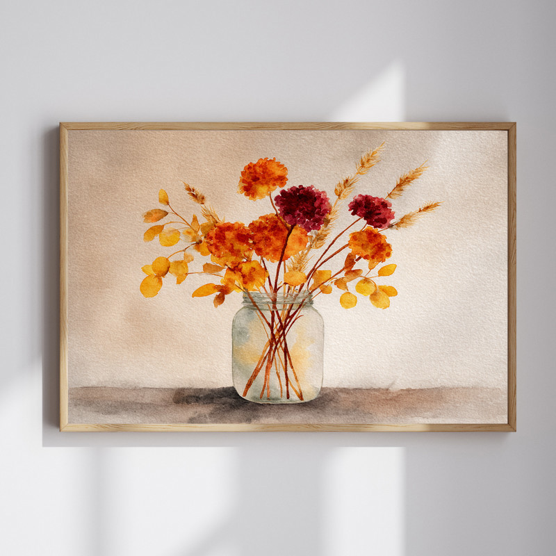 Rustic fall floral canvas wall art featuring warm burnt orange and mustard blooms, perfect accent for cozy dorm room decor