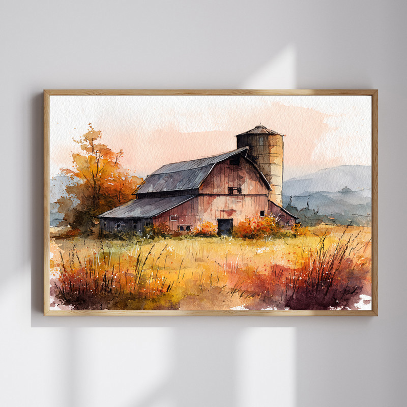 Harvest barn landscape canvas wall art with warm fall floral meadow and golden foliage, perfect for cozy dorm room decor | Family Wall Decor