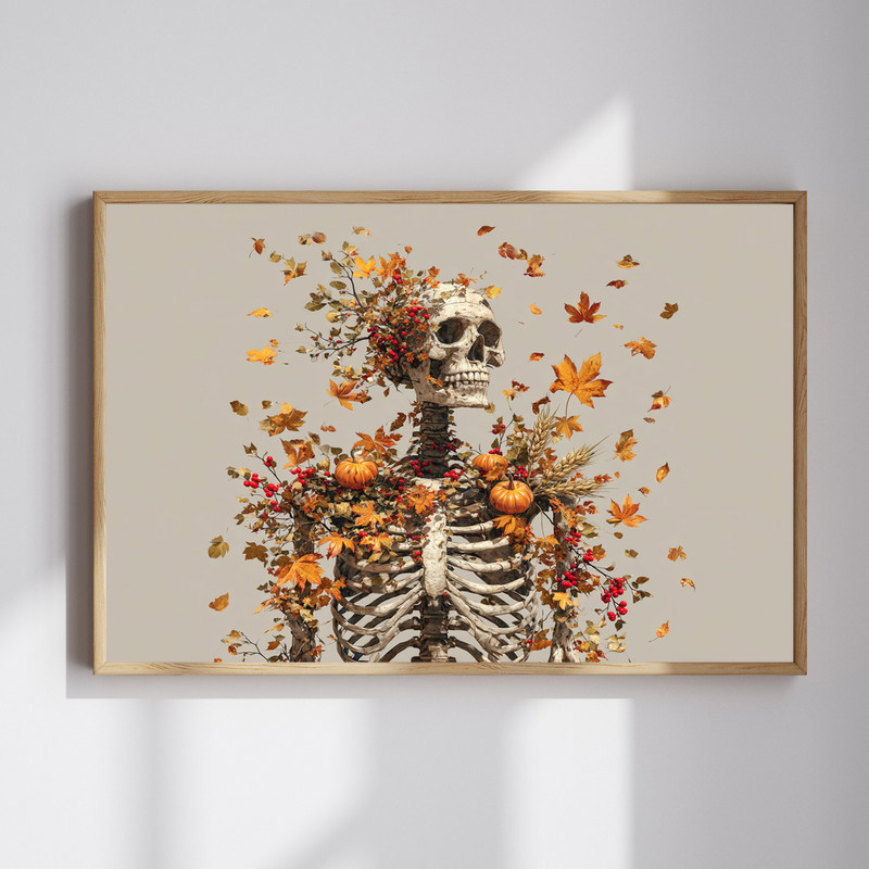 Thanksgiving skeleton canvas wall art with spooky autumn harvest vibes for dorm room decor and cozy college wall styling | Family Wall Decor