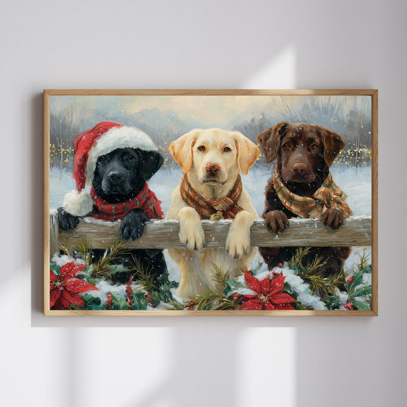 Christmas Labrador canvas wall art with a festive puppy and twinkling accents, cozy dorm room holiday decor for dog lovers | Familywalldecor
