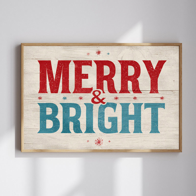 Merry & Bright Christmas canvas wall art in modern rustic style, wood texture background, landscape for dorm room decor | Familywalldecor