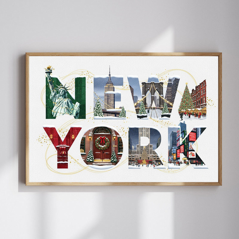 New York festive Christmas canvas wall art with snowy skyline and red and green lights, ideal for dorm room holiday decor | Family Wall Decor