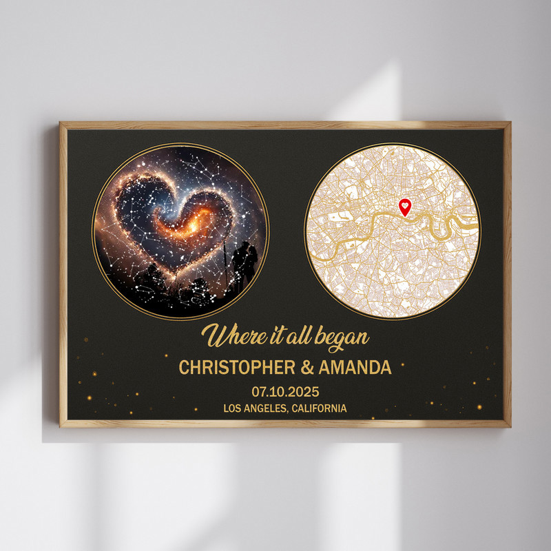 Personalized first date canvas wall art with custom star map and street map, names, date, and location, couple gift | Family Wall Decor