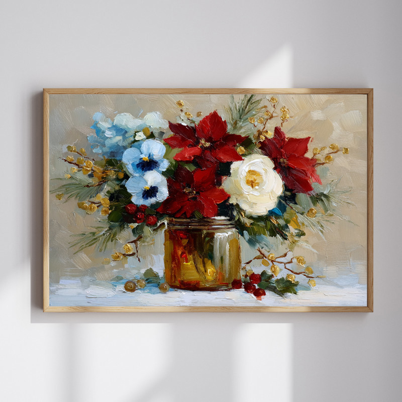 Poinsettia Christmas canvas wall art featuring red blooms in a glass jar, cozy holiday aesthetic ideal for dorm room decor