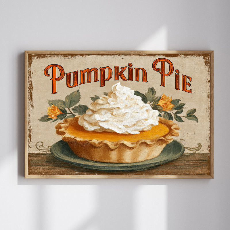 Retro Thanksgiving pumpkin pie canvas wall art with whipped cream slice, playful dorm room decor in warm orange tones | Family Wall Decor