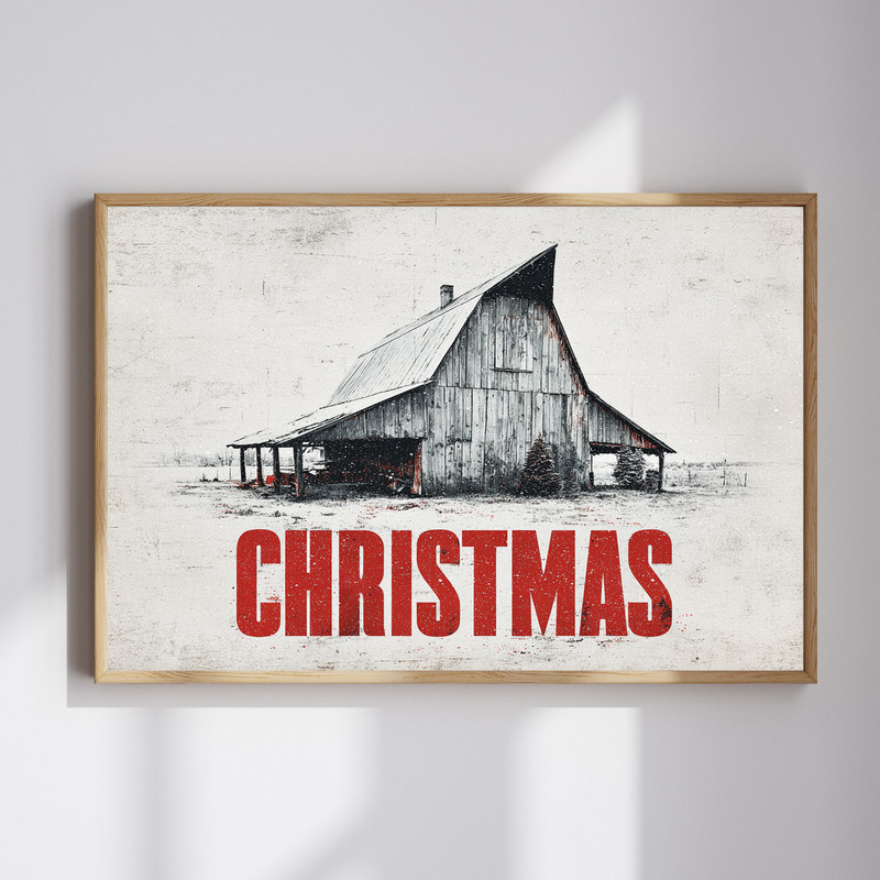 Rustic Barn Christmas canvas wall art for dorm room, red barn in snowy field with evergreens and wreath, cozy farmhouse style | Family Wall Decor