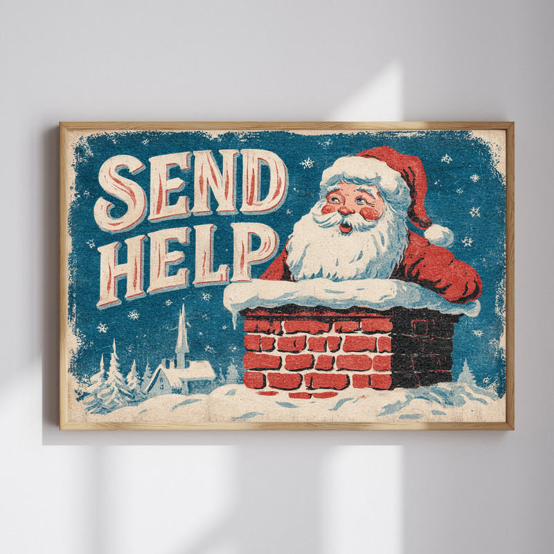 Send Help Santa meme canvas wall art with Santa stuck in chimney, red background, portrait orientation for dorm room decor | Family Wall Decor