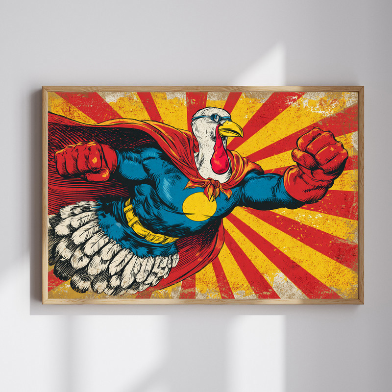 Superhero turkey Thanksgiving canvas wall art in rustic comic style, red cape, dorm room decor, autumn leaves, portrait | Family Wall Decor