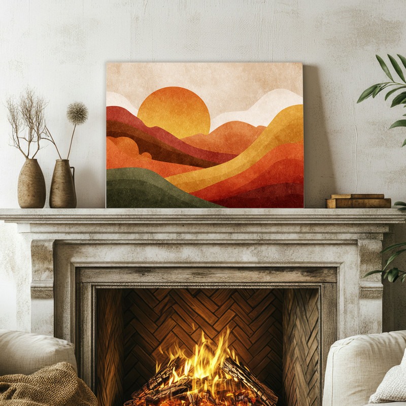 Autumn glow Thanksgiving sunset canvas wall art, textured canvas with earthy orange and sienna tones for dorm room boho decor