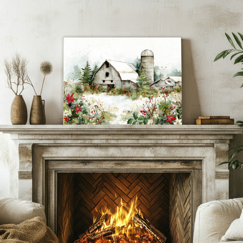 Christmas homestead canvas wall art, watercolor winter farmhouse and evergreens, wreath details, cozy dorm wall decor