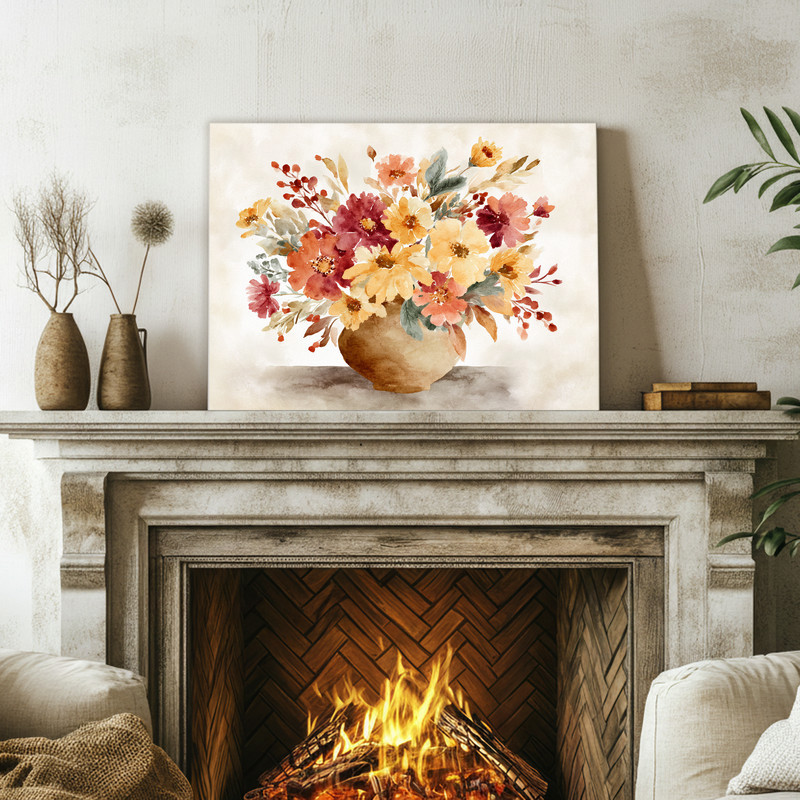 Cozy fall florals canvas wall art, boho watercolor botanicals that warm up a dorm space with terracotta and taupe