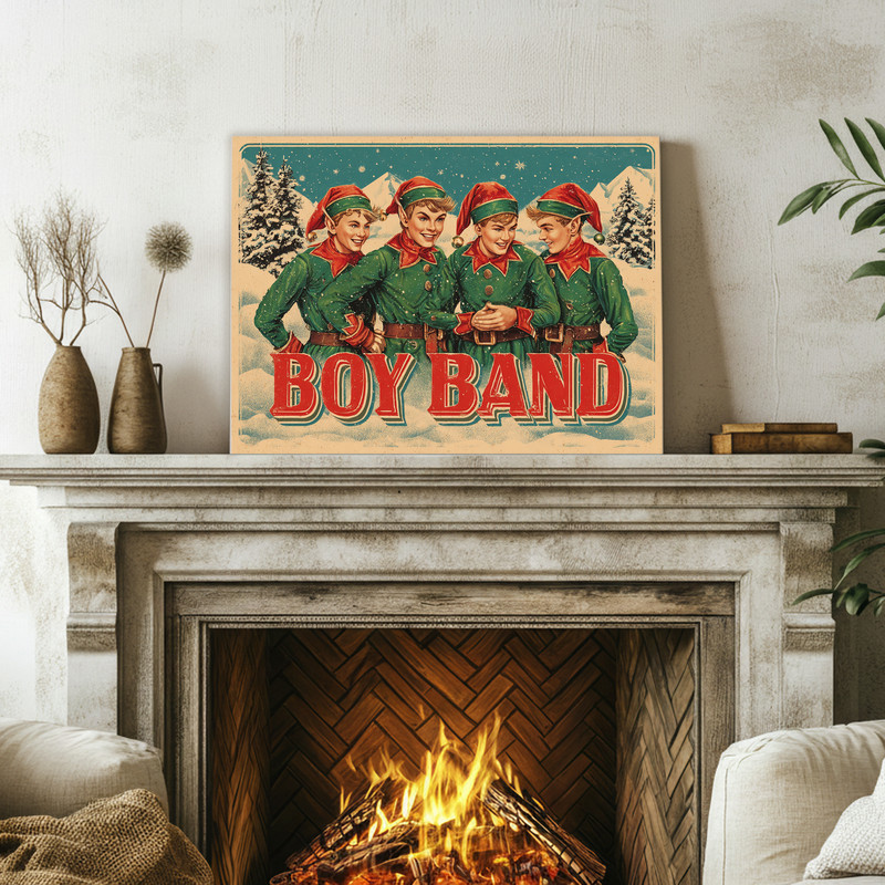 Elf boyband Christmas canvas wall art with retro rustic textures, quirky holiday print for dorm gallery walls or hall