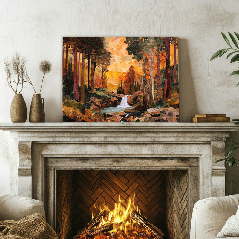 Cozy autumn falling leaves waterfall canvas wall art, rich reds and golds for rustic dorm rooms and nature lovers
