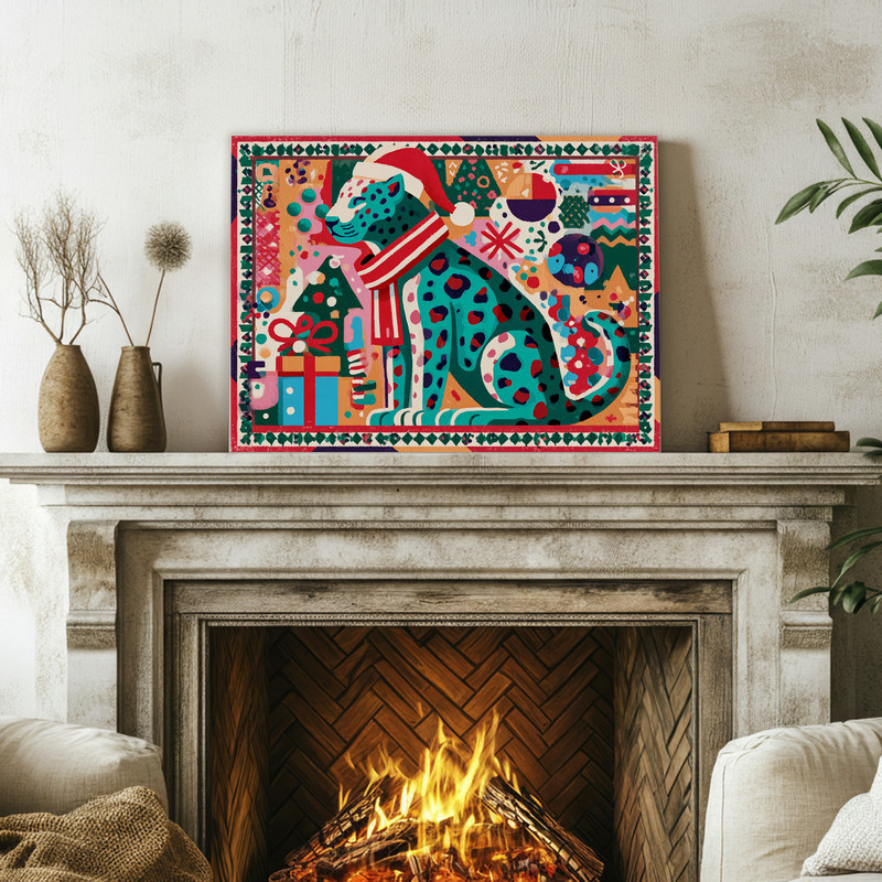 Christmas leopard canvas wall art, minimalist line style on beige background for dorm decor, holiday gift for cat lovers