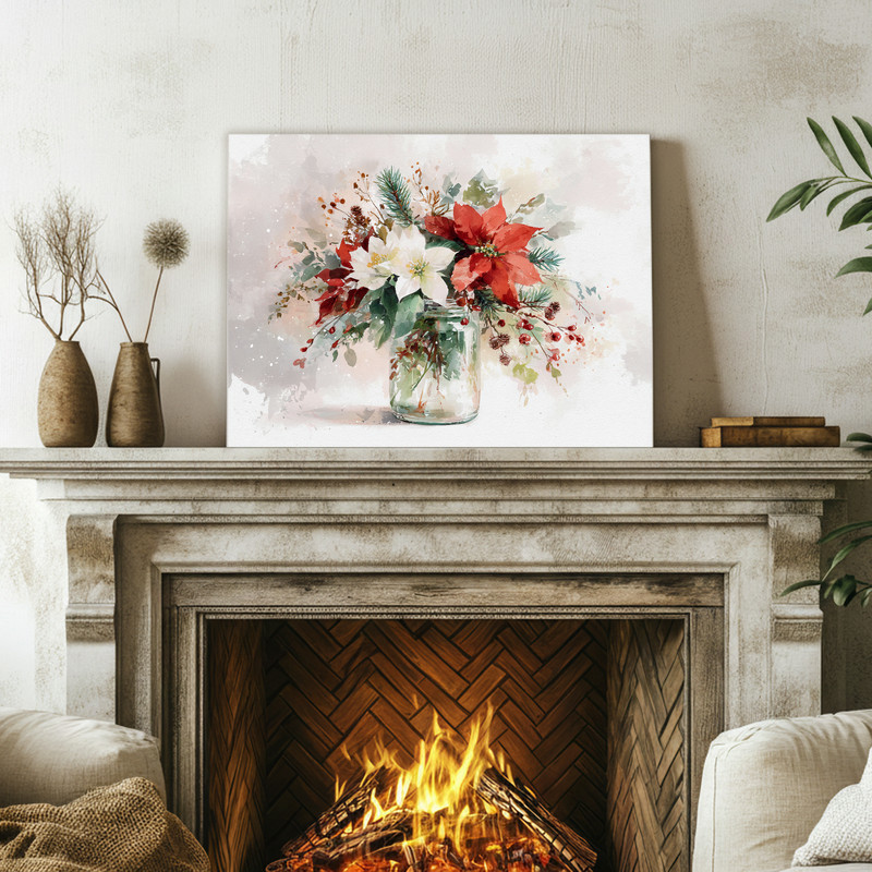 Festive vase Christmas botanical canvas wall art with eucalyptus and berries in terracotta vase, square format for dorm