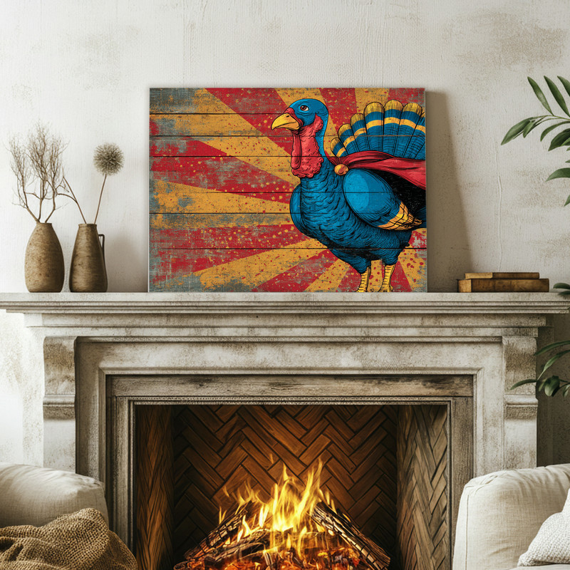 Superhero turkey canvas wall art, rustic comic hero with cape, fun Thanksgiving gift for hosts and playful kitchen decor Superhero turkey canvas wall art, rustic comic hero with cape, fun Thanksgiving gift for hosts and playful kitchen decor