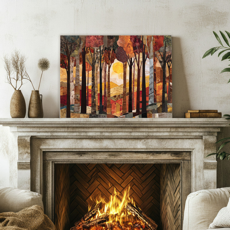Golden harvest woods canvas wall art in muted autumn tones, portrait canvas with a calm forest scene for warm dorm decor