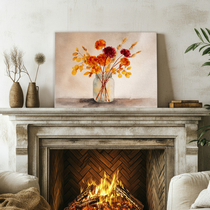 Rustic fall floral canvas wall art, close-up petals and seed pods on textured canvas, minimalist autumn decor for a dorm