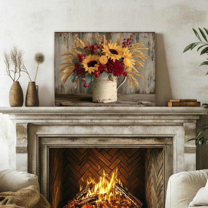 Harvest floral arrangement canvas wall art with rich fall tones, enhancing dorm room decor with a modern, welcoming aesthetic.