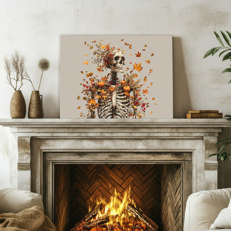 Thanksgiving skeleton canvas wall art with macabre harvest energy, perfect dorm room decor for a quirky autumn aesthetic