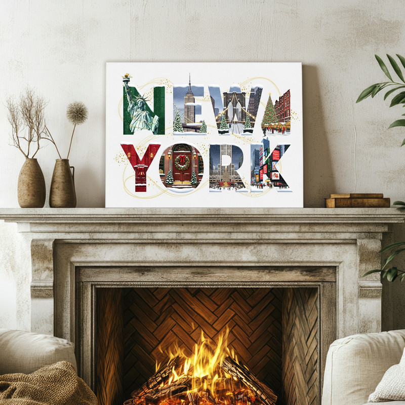 New York festive Christmas canvas wall art, portrait layout, skyline and starry winter sky, charming decor for compact dorms