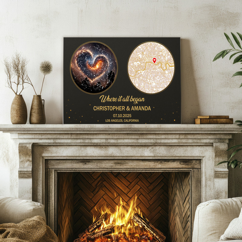 Personalized first date canvas wall art, dual star map and street map with heart location marker, wedding or engagement gift