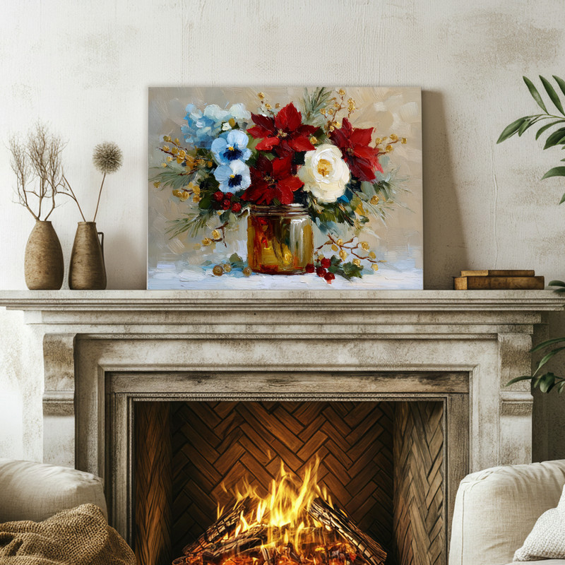 Cozy Christmas jar art canvas wall art showcasing red poinsettias in a jar, minimalist holiday print perfect for dorm decor