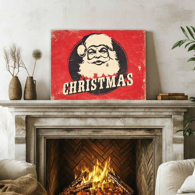 Retro Santa face Christmas canvas wall art, fun dorm decor and a festive gift for college students who love vintage style