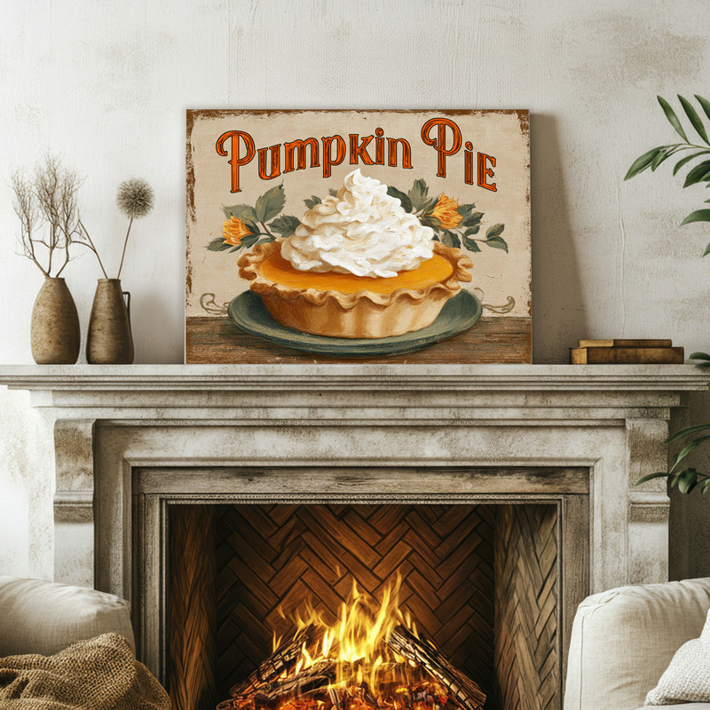 Retro Thanksgiving pumpkin pie canvas wall art, minimalist line illustration on pastel peach, cheerful dorm room accent