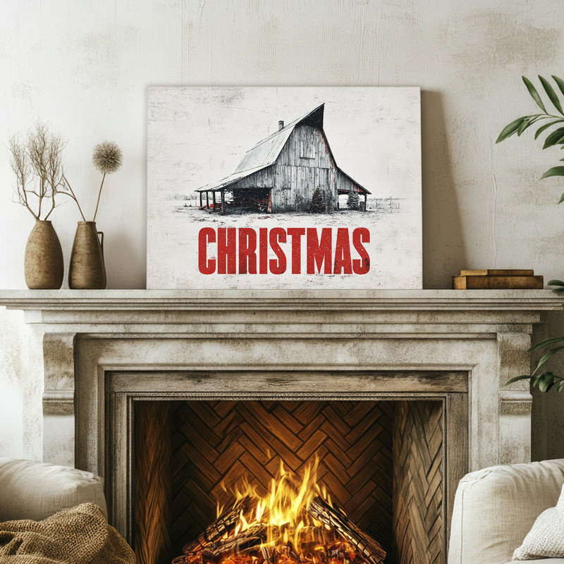 Rustic Barn Christmas canvas wall art for dorm room, moonlit red barn with snowy path and fir trees, winter night scene