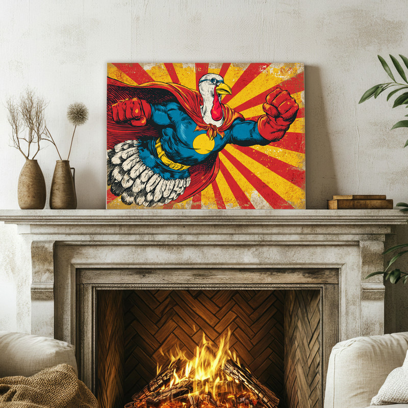 Superhero turkey Thanksgiving canvas wall art, minimalist rustic comic design on neutral backdrop, autumn accents, landscape