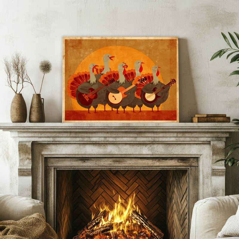 Thanksgiving retro turkey band canvas wall art, wide horizontal pop-art poster style with neon accents for dorm common areas. Thanksgiving retro turkey band canvas wall art, wide horizontal pop-art poster style with neon accents for dorm common areas.
