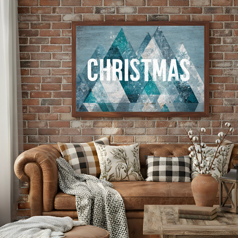 Abstract snowy Christmas canvas wall art featuring pine silhouettes and twinkling lights, portrait orientation to refresh a cozy dorm room
