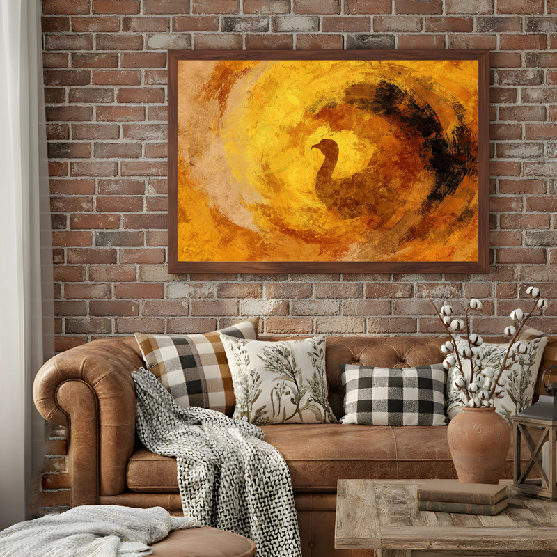 Abstract Thanksgiving turkey canvas wall art in muted neutral palette, portrait orientation for cozy dorm room wall decor.