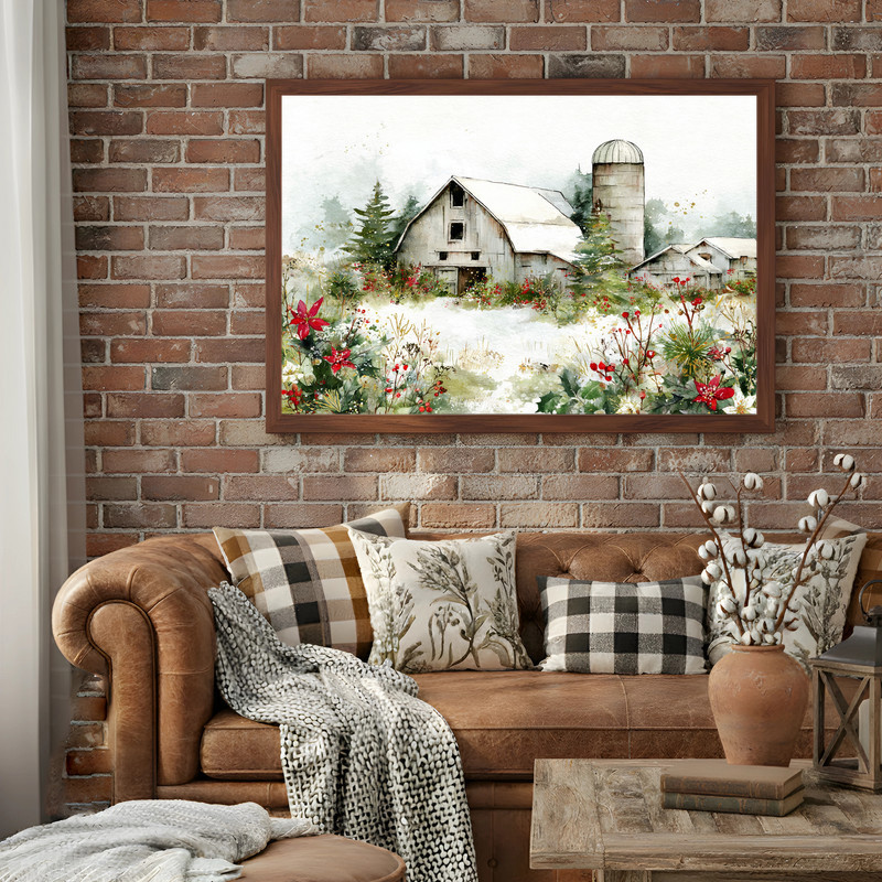 Festive watercolor Christmas homestead canvas wall art, winter cottage, evergreens, subtle lights, ideal for dorm room decor